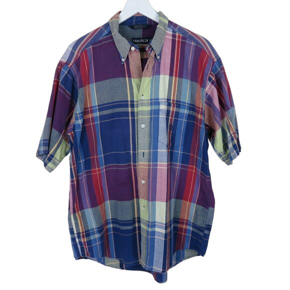 Vintage 90's Nautica Plaid Short Sleeve Button Up Shirt - Men's L - Picture 1 of 6